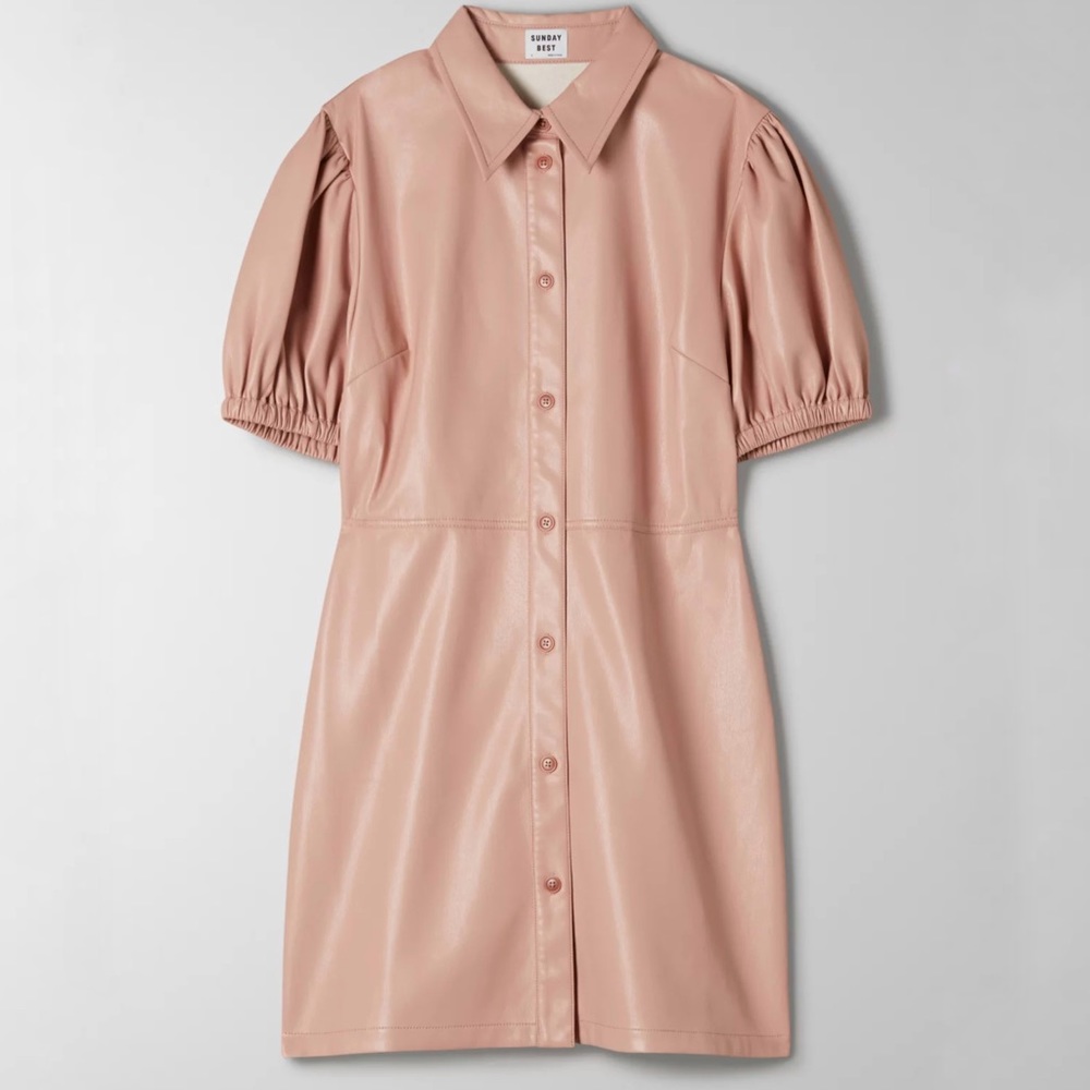 Aritzia Sunday Best Daphne Pink Faux Leather Button Up Shirt Mini Dress Small